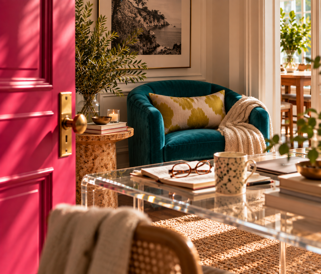 Photo of a colorful living room with a teal velvet sofa, bright pink door, warm wood accents, and natural light streaming through the windows.