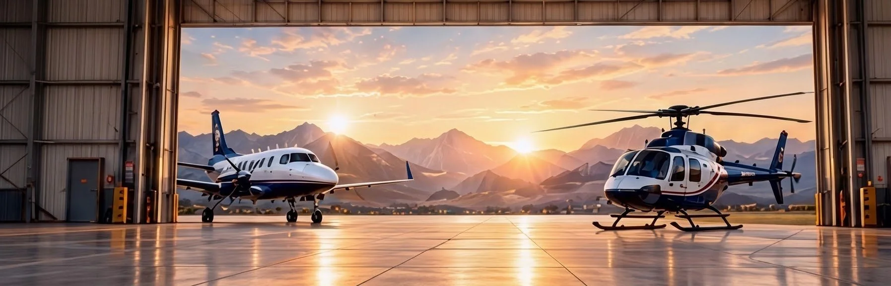A helicopter and a private jet inside an airplane hangar with mountains and sunset in the background.