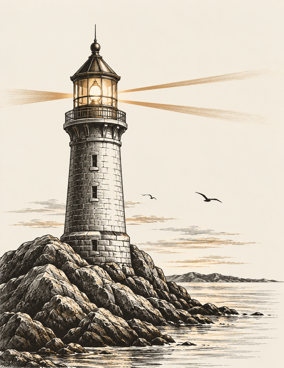 Vintage-style illustration of a lighthouse standing on a rocky shoreline, with its light shining across the water and seabirds overhead.