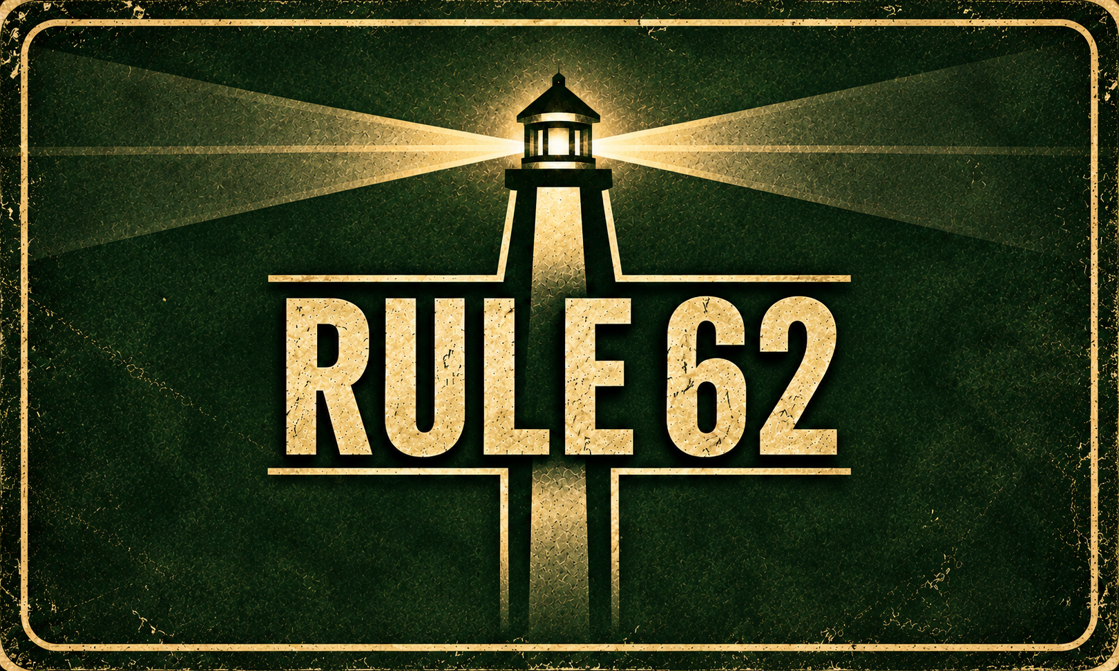 Rule 62 recovery conversation deck artwork featuring a lighthouse with sweeping beams on a dark green vintage-style background.