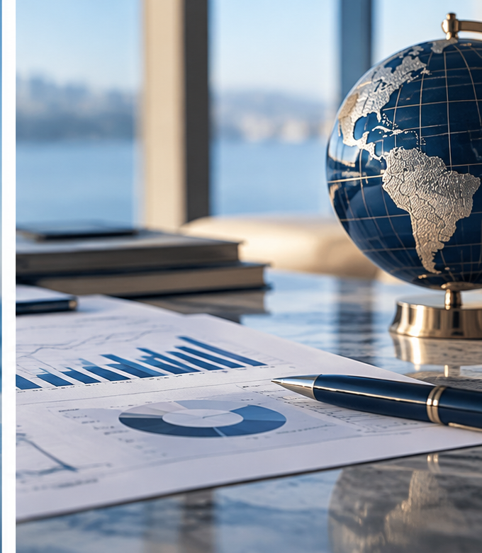 Office desk with financial documents including graphs and pie charts, a pen, and a globe, with a cityscape visible through the window in the background.
