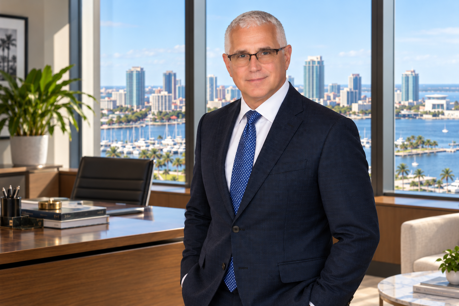 A middle-aged man with gray hair and glasses in a business suit standing in an office with large windows overlooking a city skyline and water.