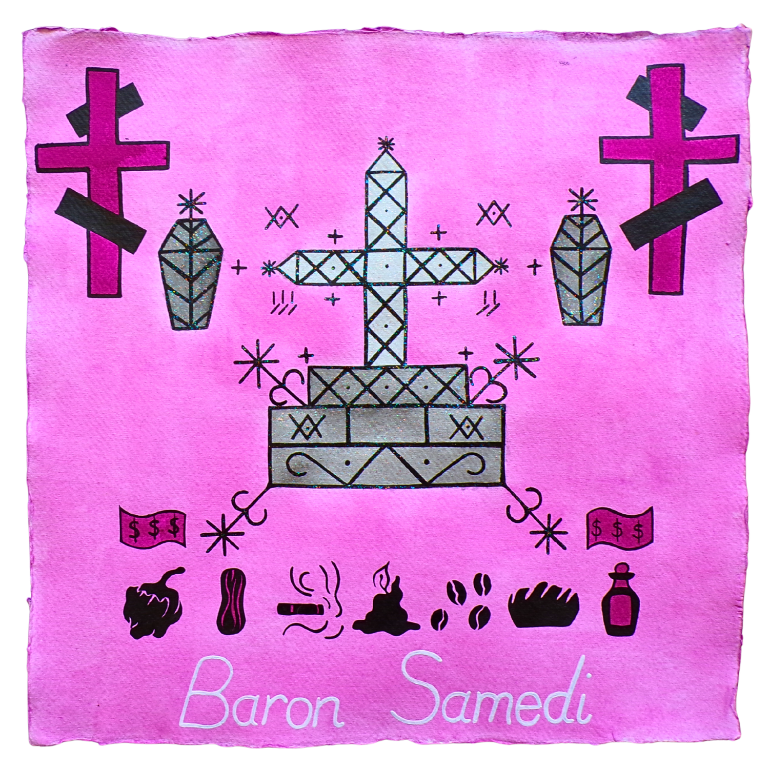 Baron Samedi Veve 1, 2025, Mixed media on cotton rag paper, 30 x 30 cm