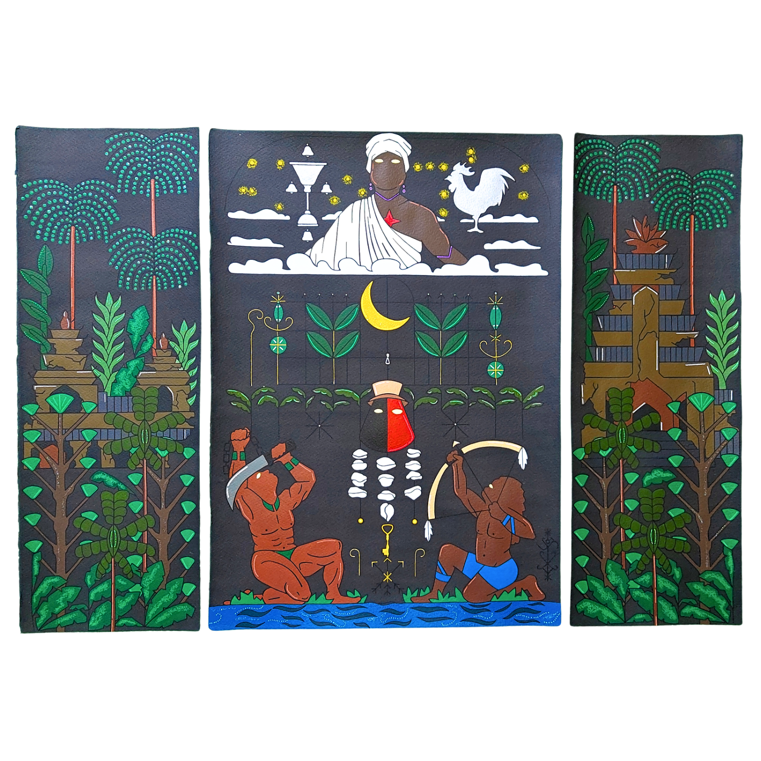 The Warriors: Eleggua, Ogun, Ochosi, and Ozun (triptych), 2026, Mixed media on cotton rag paper, 84 x 59.4 cm