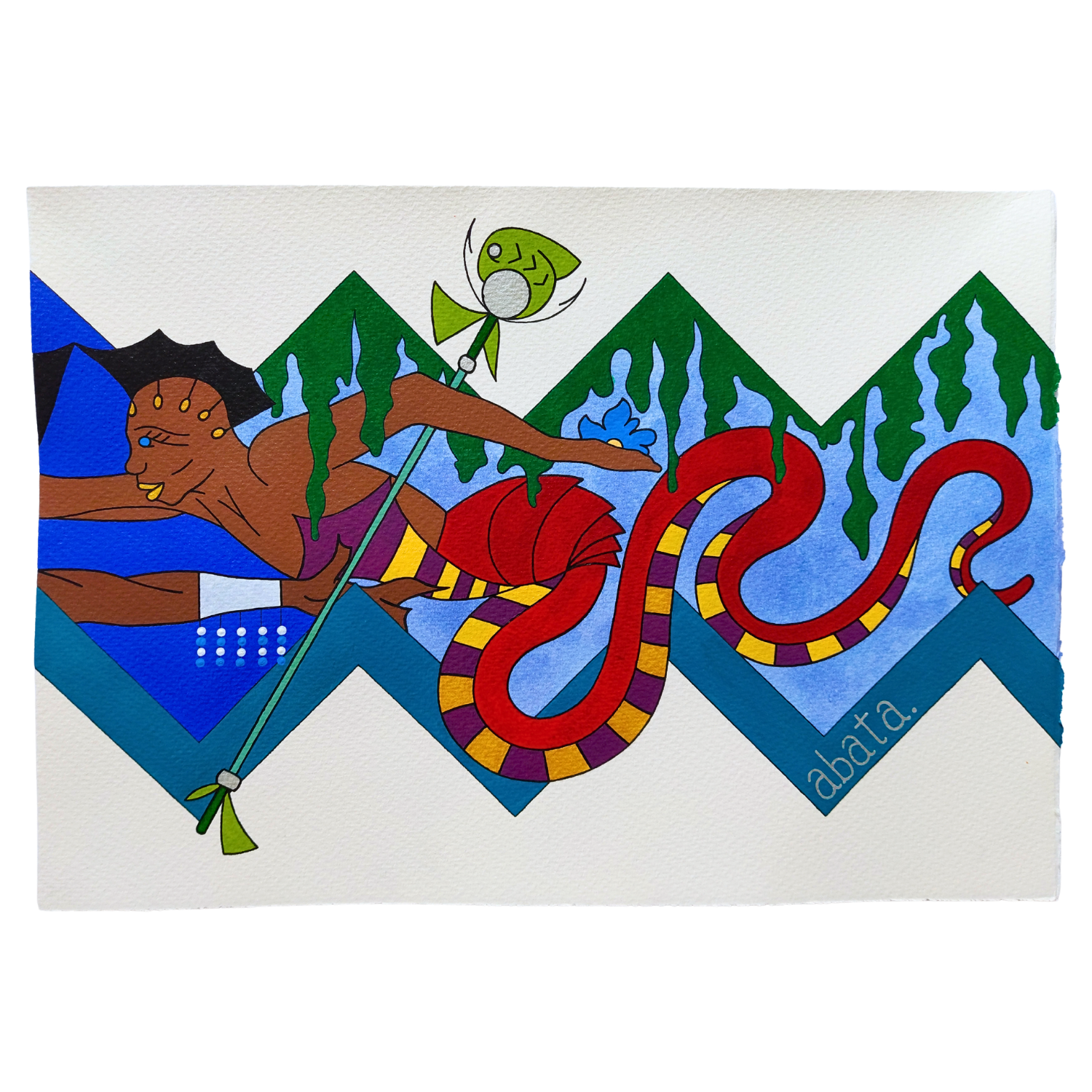 Abata: The Orisha of swamps, marshes, hidden waters (diptych), mystery, and secrets, 2026, Mixed media on cotton rag paper, 42 x 29.7 cm