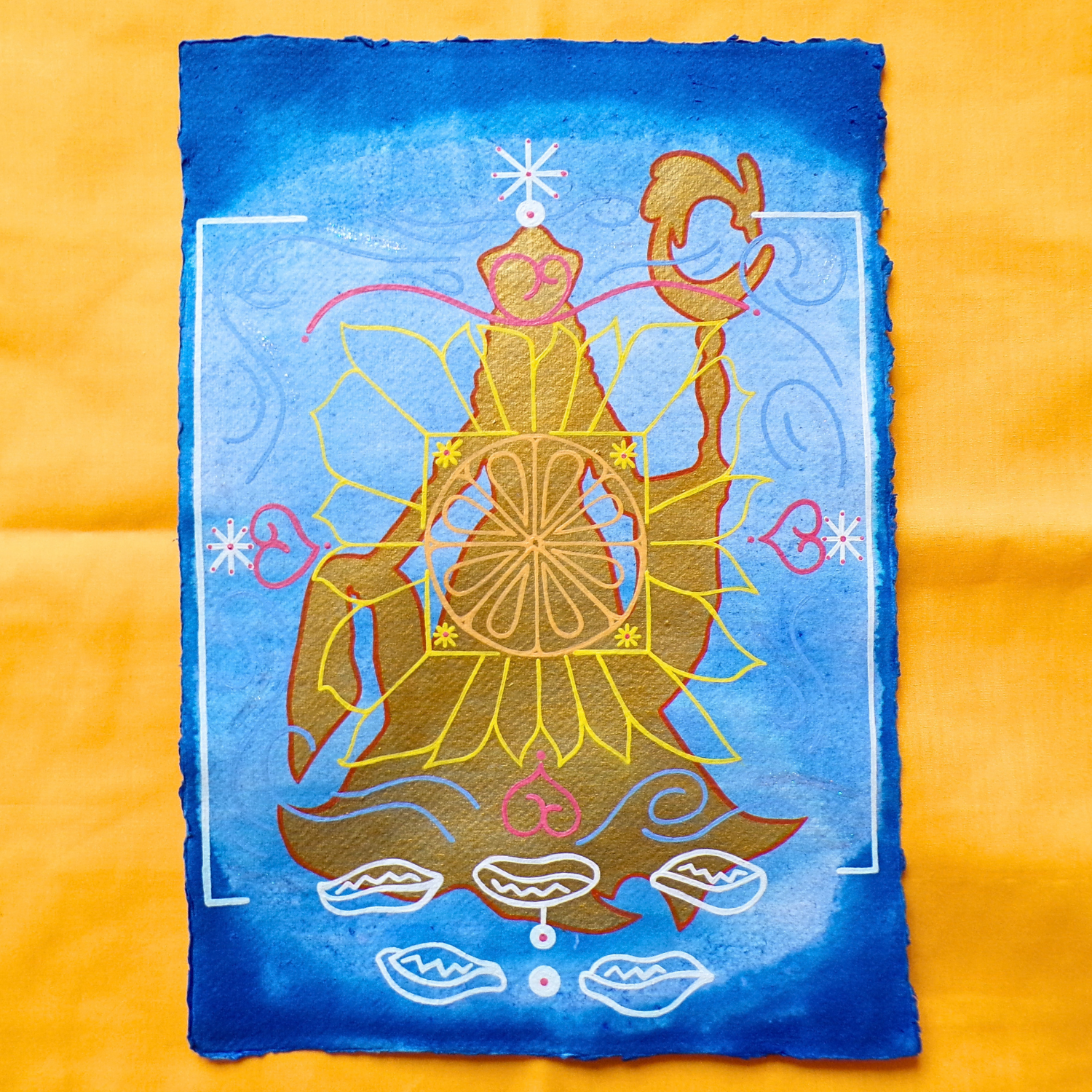 Oshun 3, 2025, Mixed media on cotton rag paper, 21 x 29.7 cm