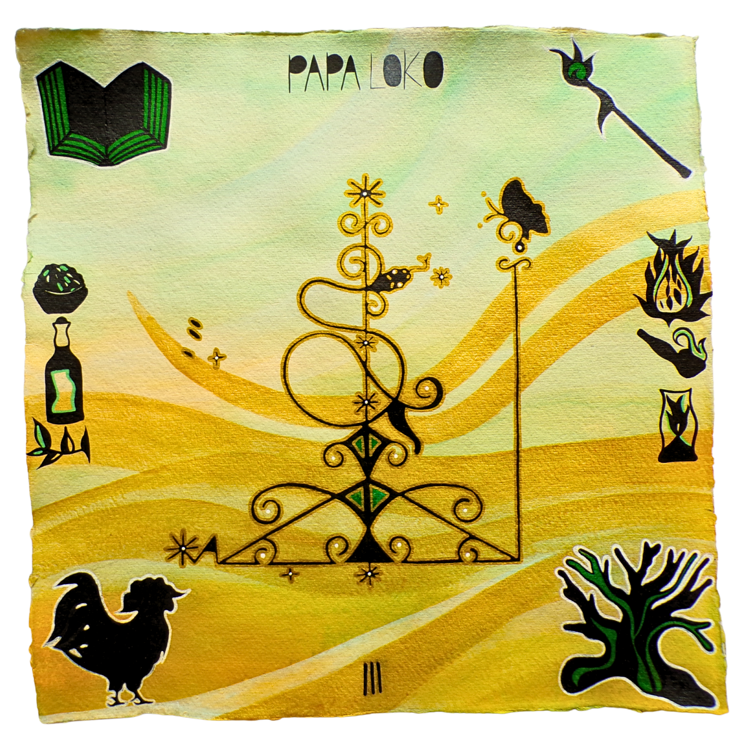Papa Loko Veve 3, 2025, Mixed media on cotton rag paper, 30 x 30 cm