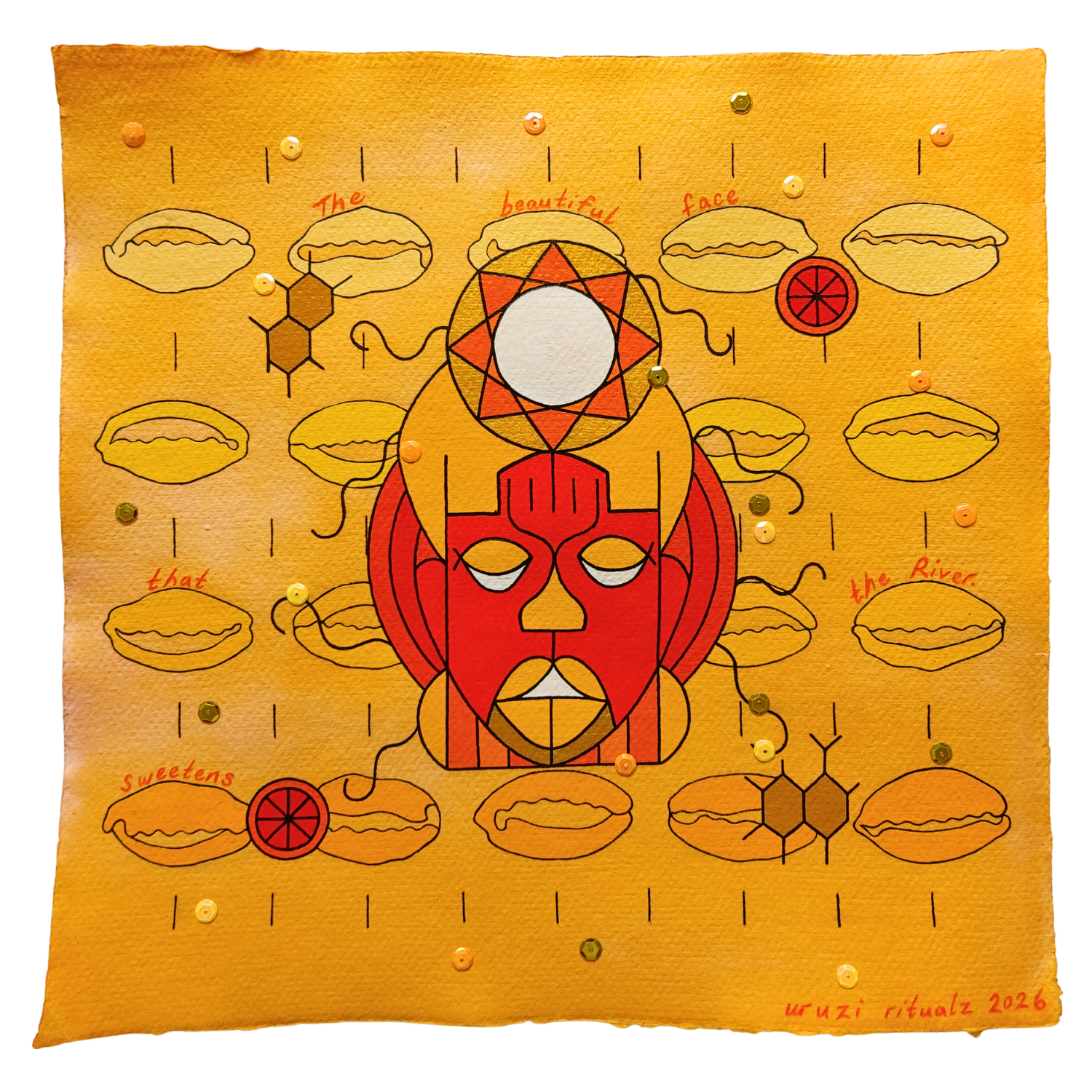 Ojú Ọ̀ṣun Arẹwà, The beautiful face that sweetens the river, 2026, Mixed media on cotton rag paper, 30 x 30 cm 