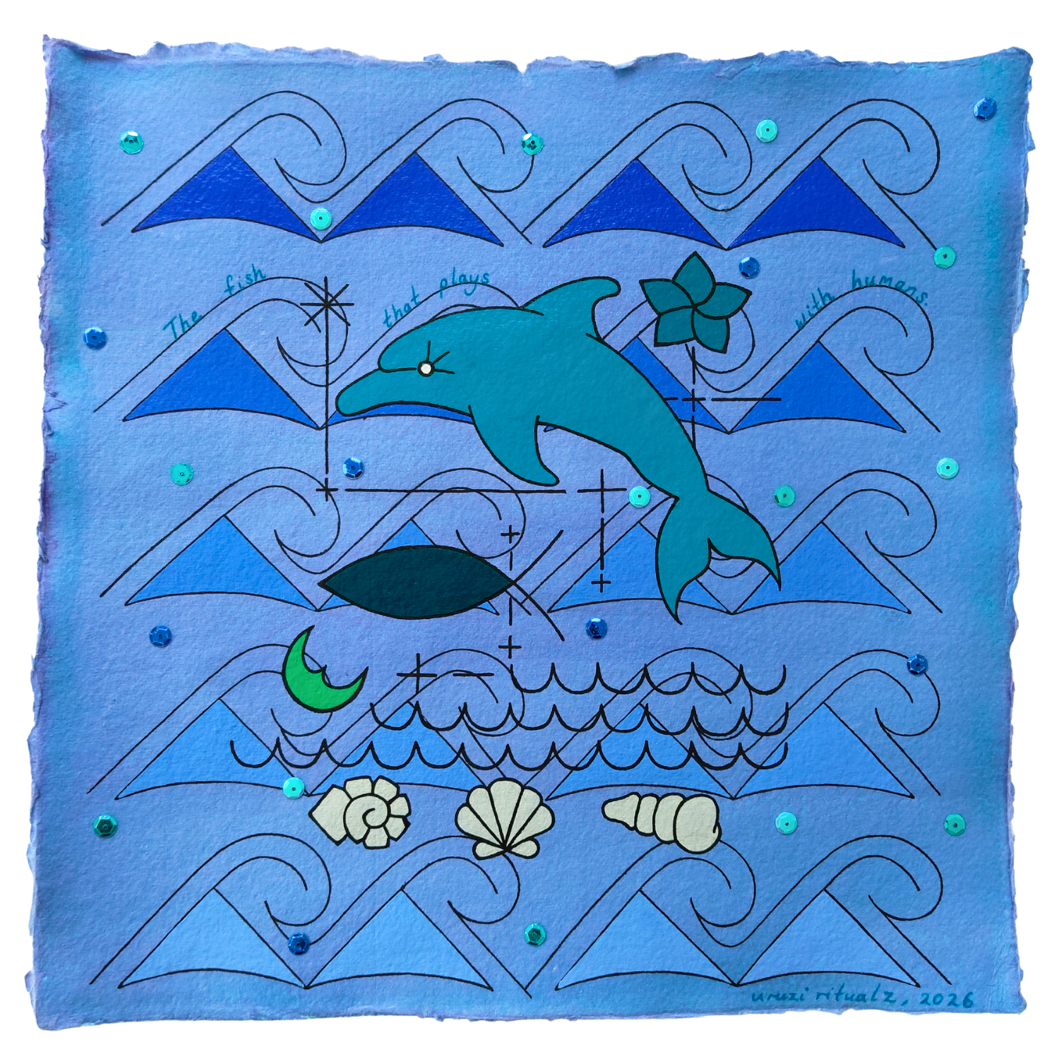 Ẹja abániṣeré, The fish that plays with humans, 2026, Mixed media on cotton rag paper, 30 x 30 cm 