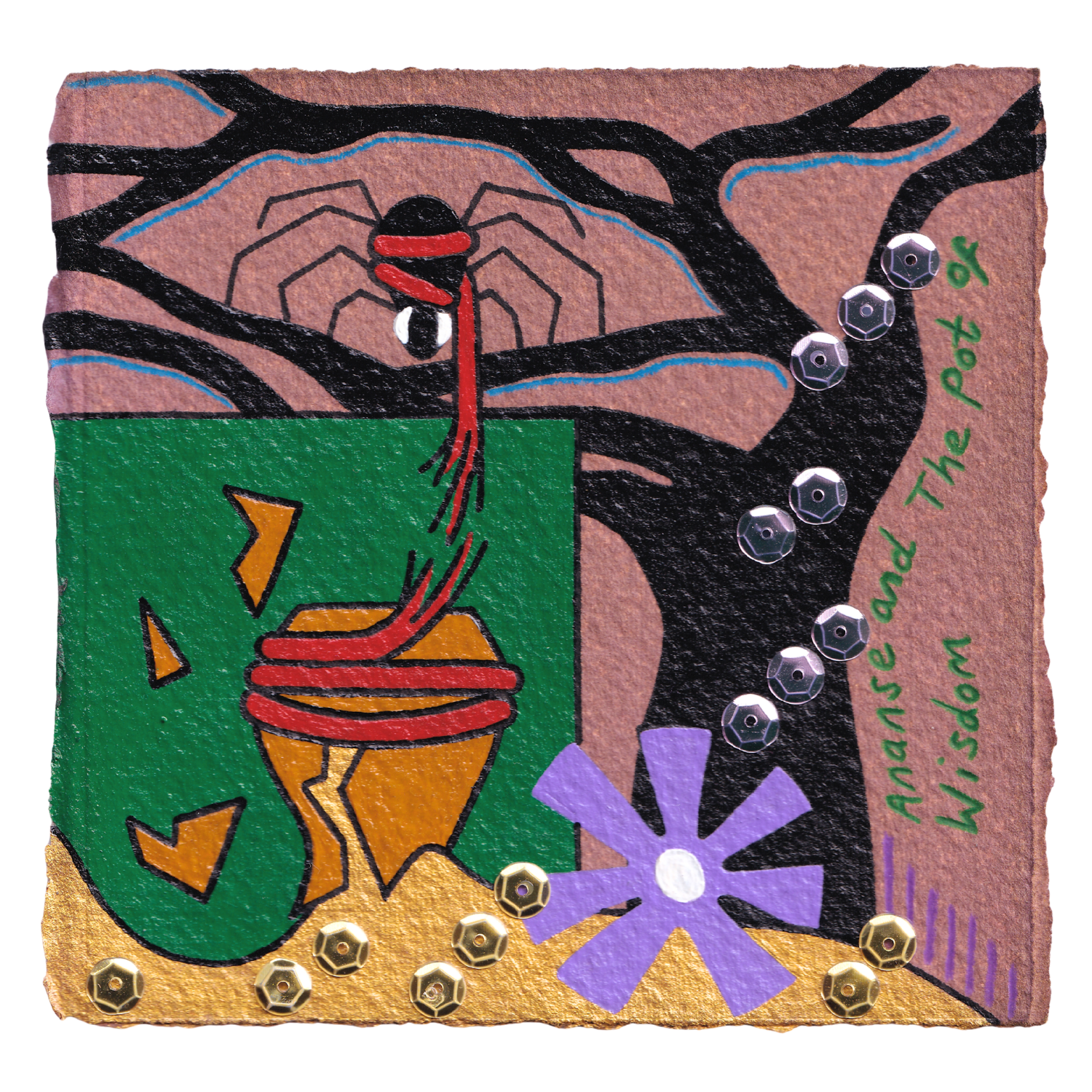 Ananse and The Pot of Wisdom, 2026, Mixed media on cotton rag paper, 11 x 11 cm