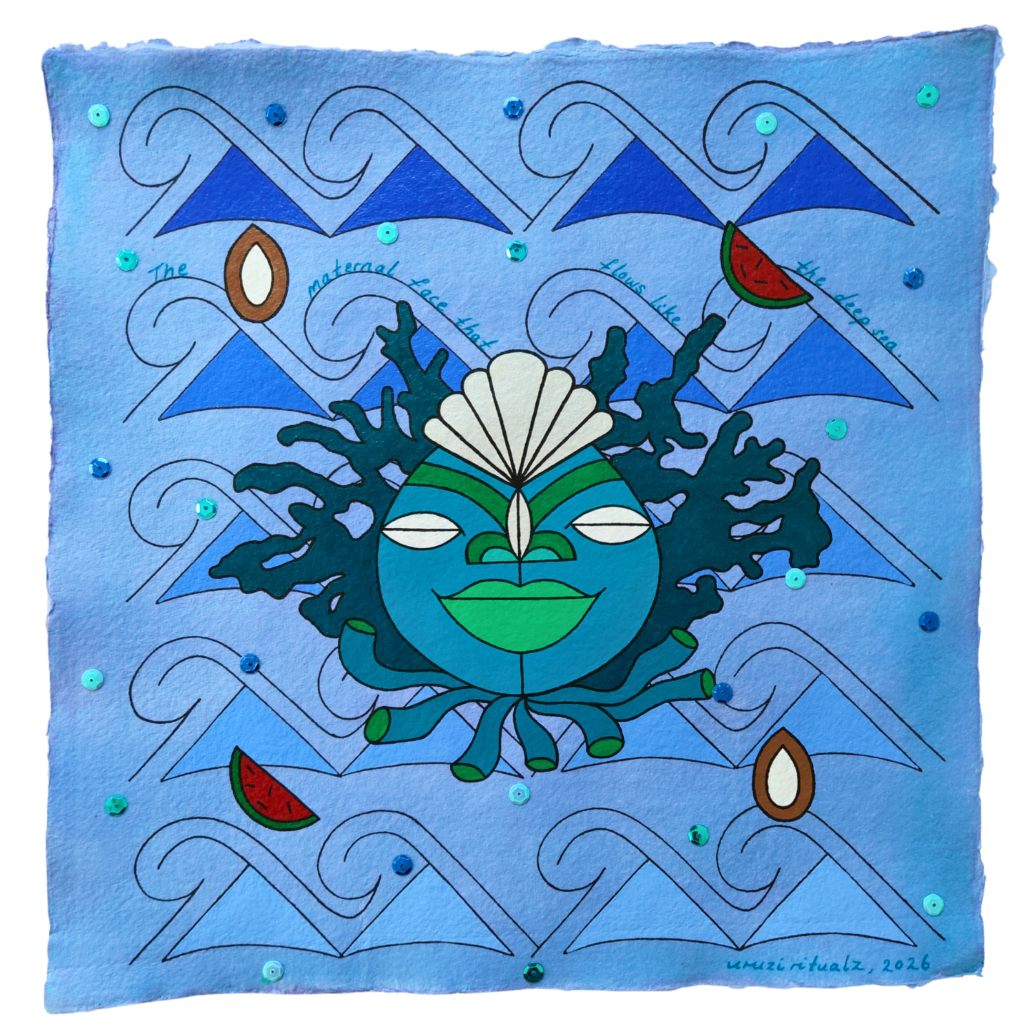 Ojú Yemọja Aboyún, The maternal face that flows like the deep sea, 2026, Mixed media on cotton rag paper, 30 x 30 cm