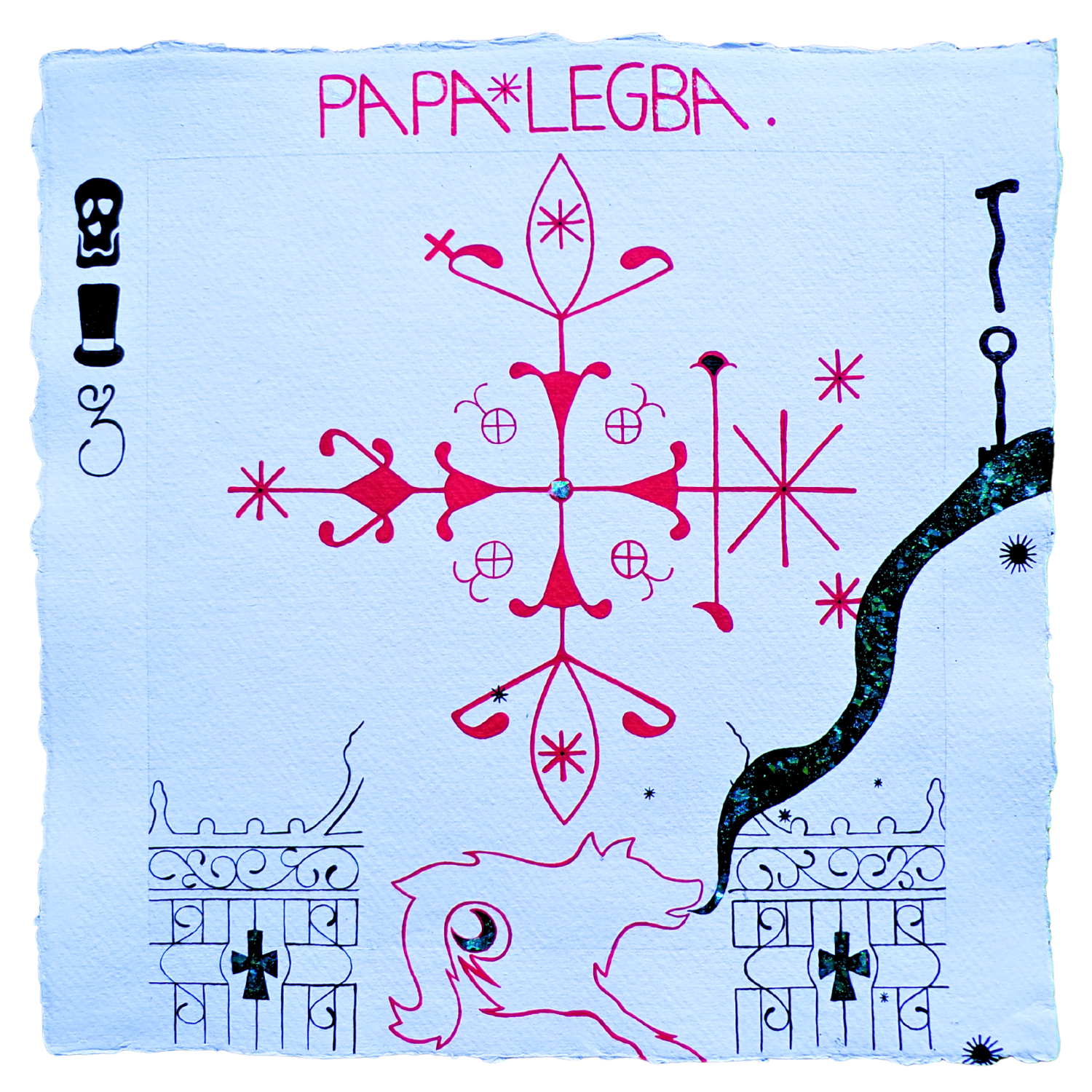 Papa Legba Veve 2, 2025, Mixed media on cotton rag paper, 30 x 30 cm
