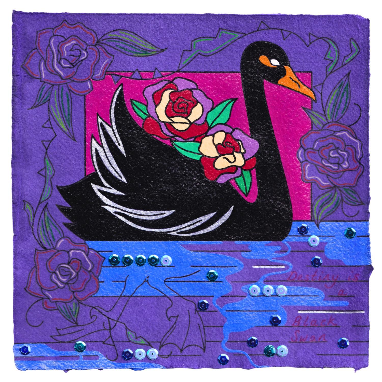 Destiny is a Black Swan, 2026, Mixed media on cotton rag paper, 21 x 21 cm