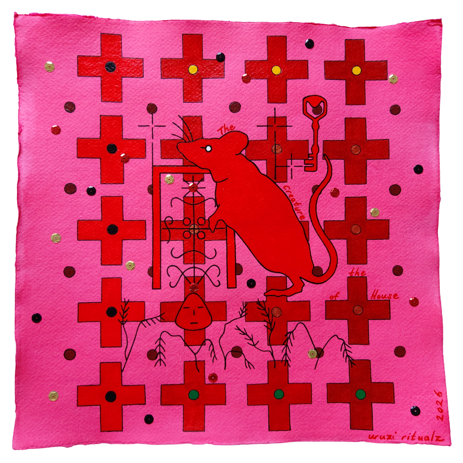 Èkúté ilé, The creature of the house, 2026, Mixed media on cotton rag paper, 30 x 30 cm 