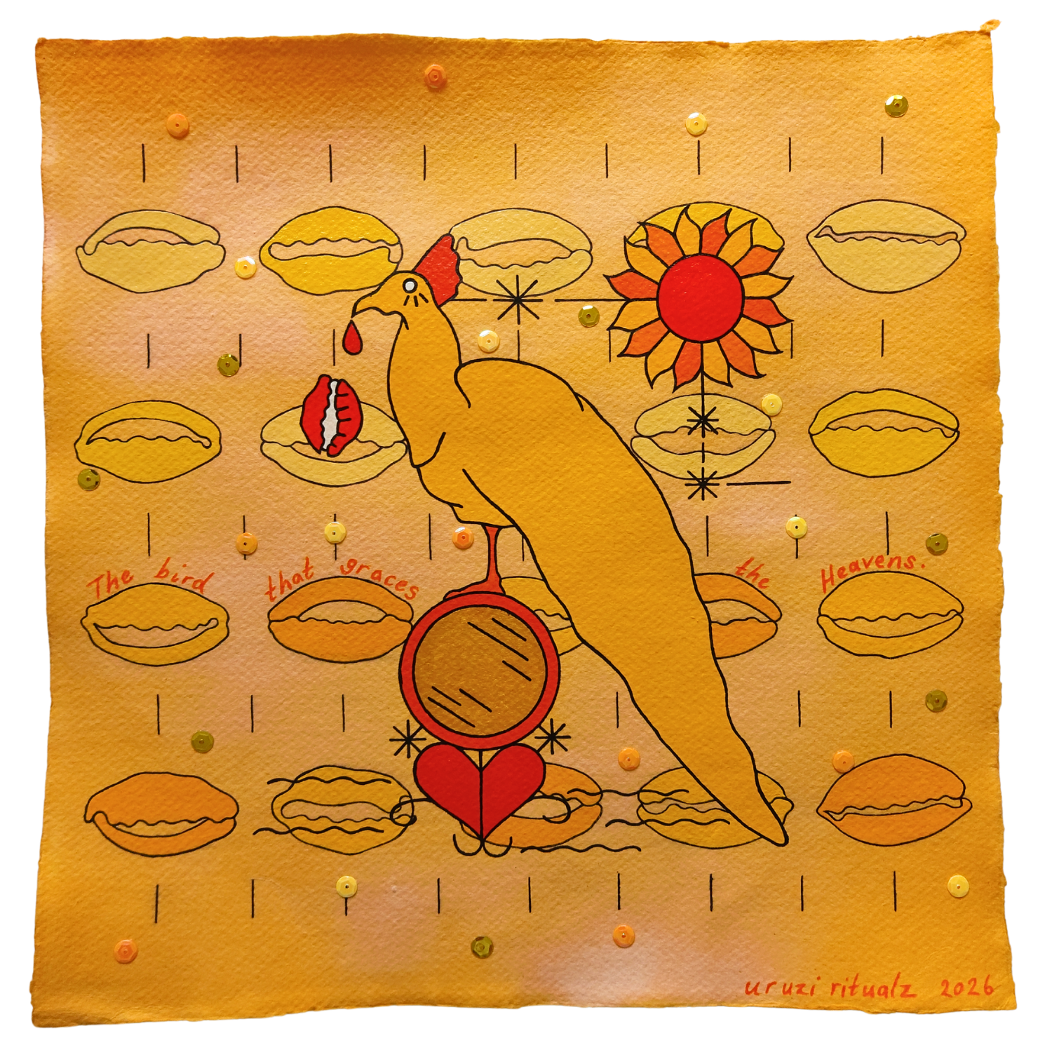 Ẹyẹ tí ń ṣ'ọṣọ́ ojú ọ̀run, The bird that graces the heavens, 2026, Mixed media on cotton rag paper, 30 x 30 cm