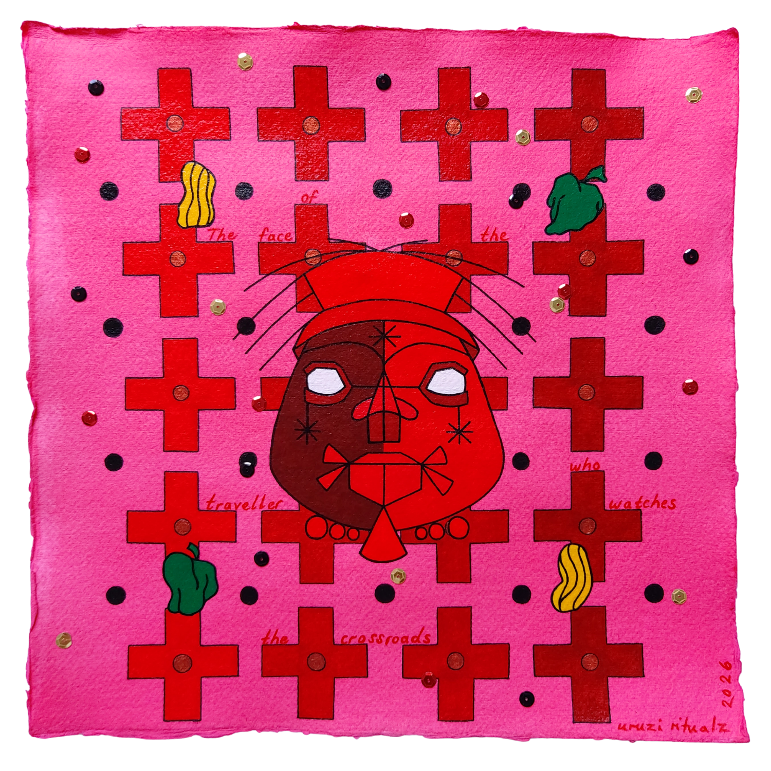 Ojú Èṣù Aláwùsà, The face of the traveller who watches the crossroads, 2026, Mixed media on cotton rag paper, 30 x 30 cm 