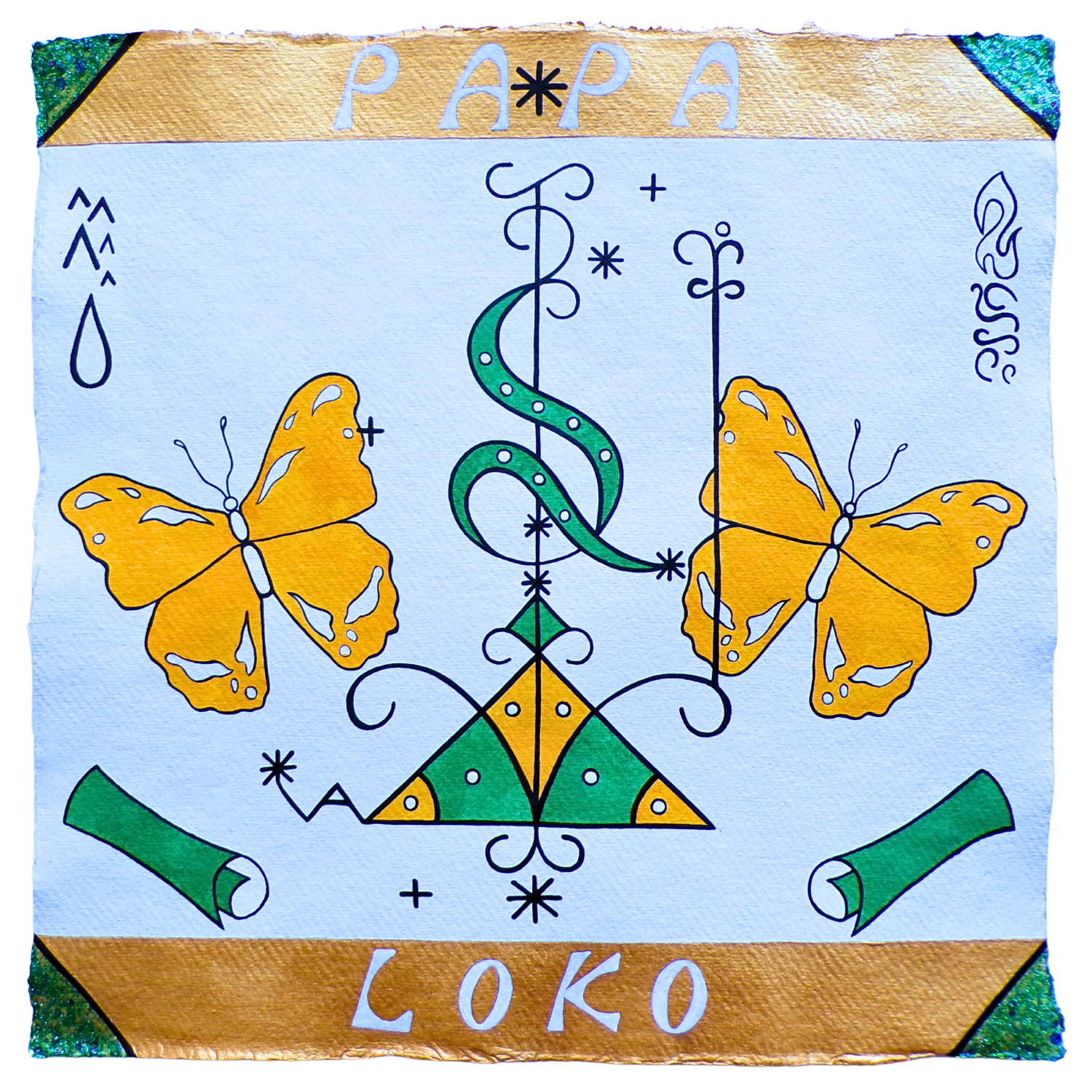 Papa Loko Veve 1, 2025, Mixed media on cotton rag paper, 30 x 30 cm