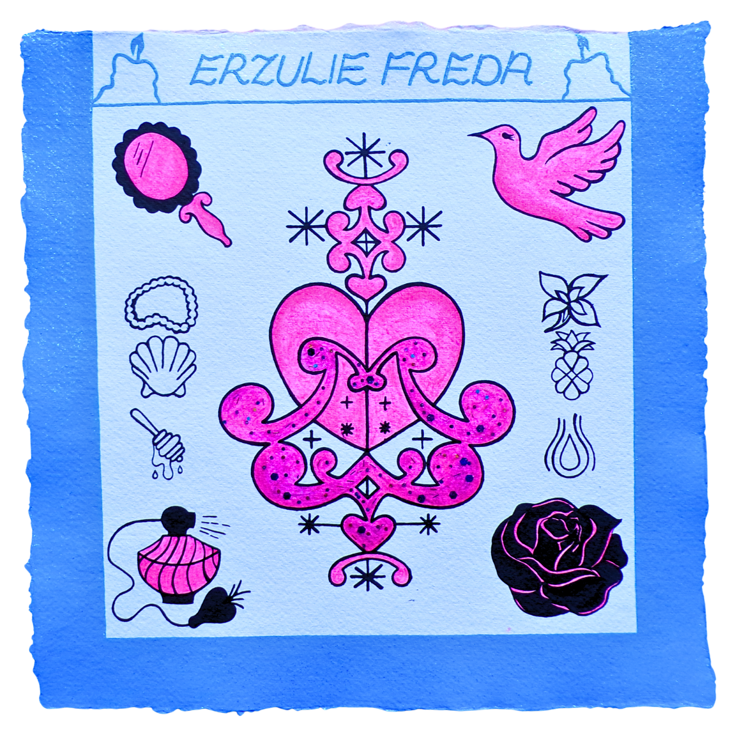Erzulie Freda Veve 2, 2025, Mixed media on cotton rag paper, 30 x 30 cm
