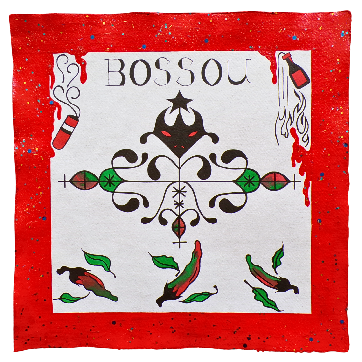 Bossou Veve 1, 2025, Mixed media on cotton rag paper, 30 x 30 cm