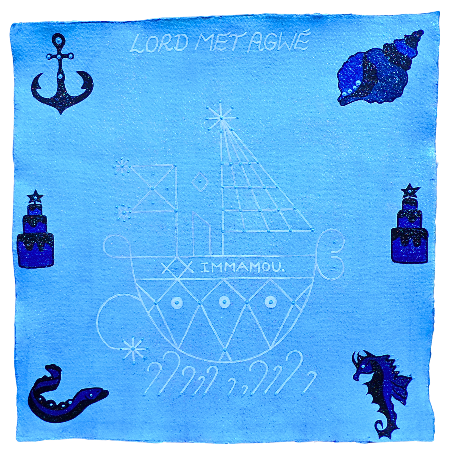 Lord Met Agwe Veve 1, 2025, Mixed media on cotton rag paper, 30 x 30 cm