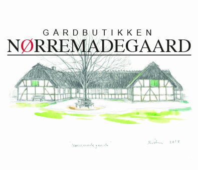 Architectural drawing of a traditional building with a central tree, green accents, and the text 'GARDIBUTIKKEN NORREMADEGAARD' at the top.