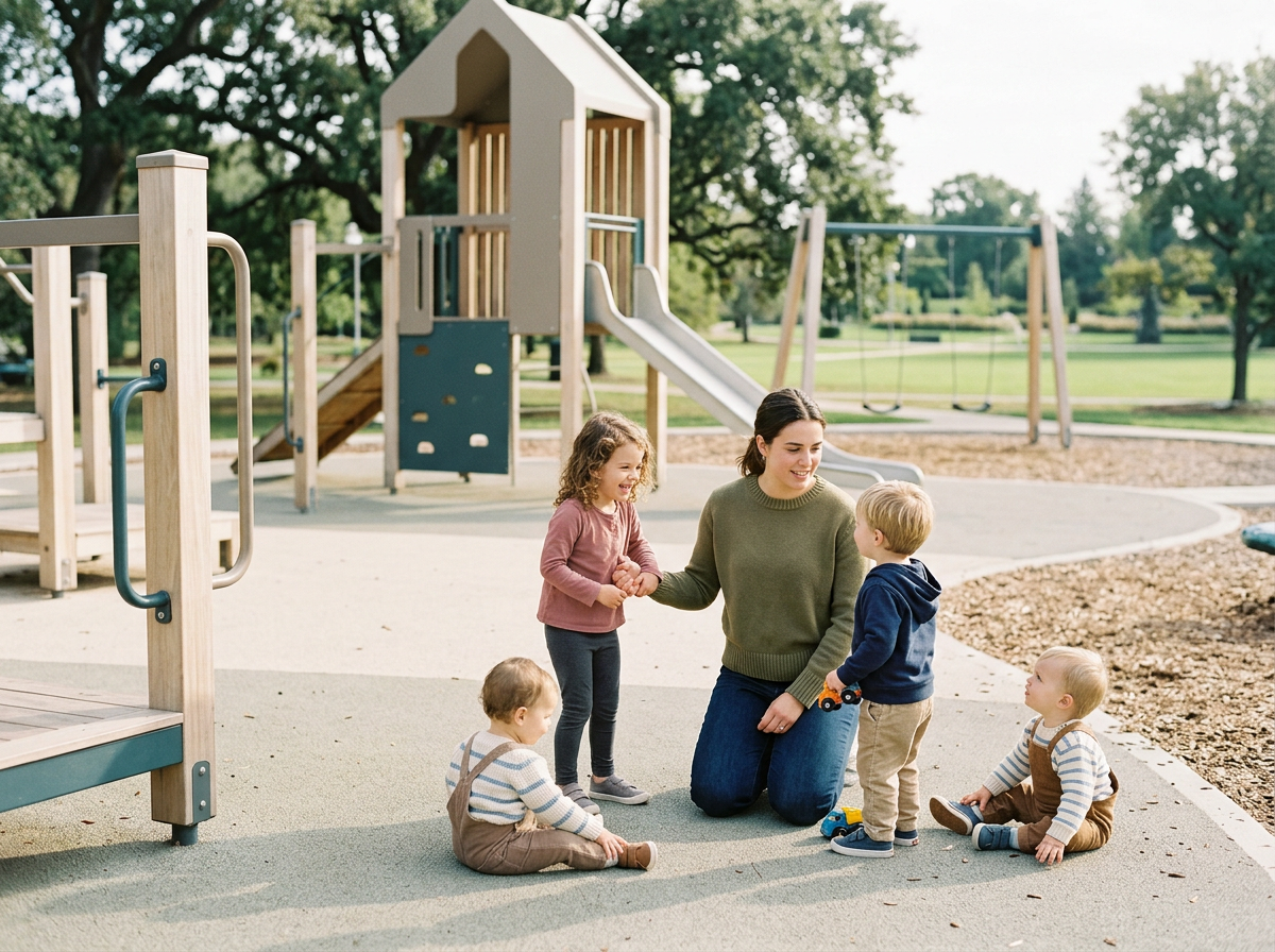 A woman kneeling on the ground at a playground, holding hands with a young girl. Three other small children are sitting on the ground nearby. The playground has a slide, a swing set, and play structures, with trees and open green space in the background.