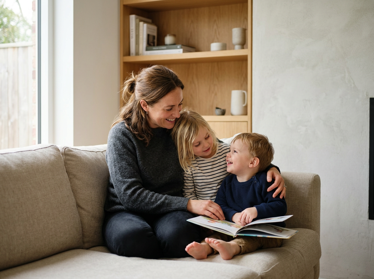 A nanny / babysitter and two children sitting on a beige couch, reading a picture book together, smiling and enjoying each other's company in a cozy living room.