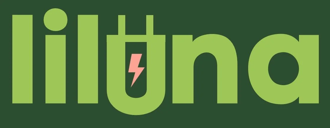 Liluna with the 'u' stylised as a battery or plug with a voltage symbol in the centre.