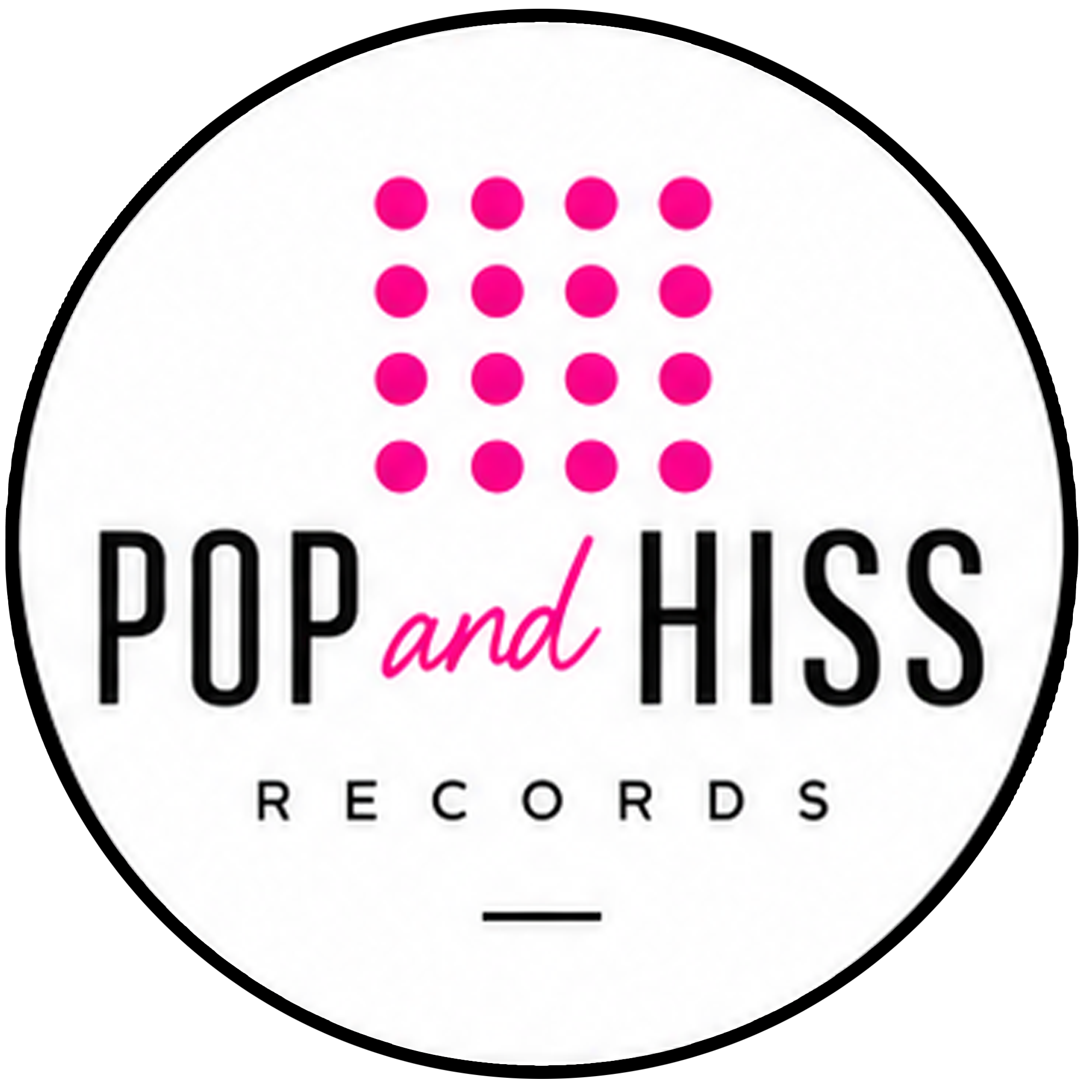 Logo for Pop, Pulp and Hues Records with a circular white background, pink dots arranged in a grid, and black text.