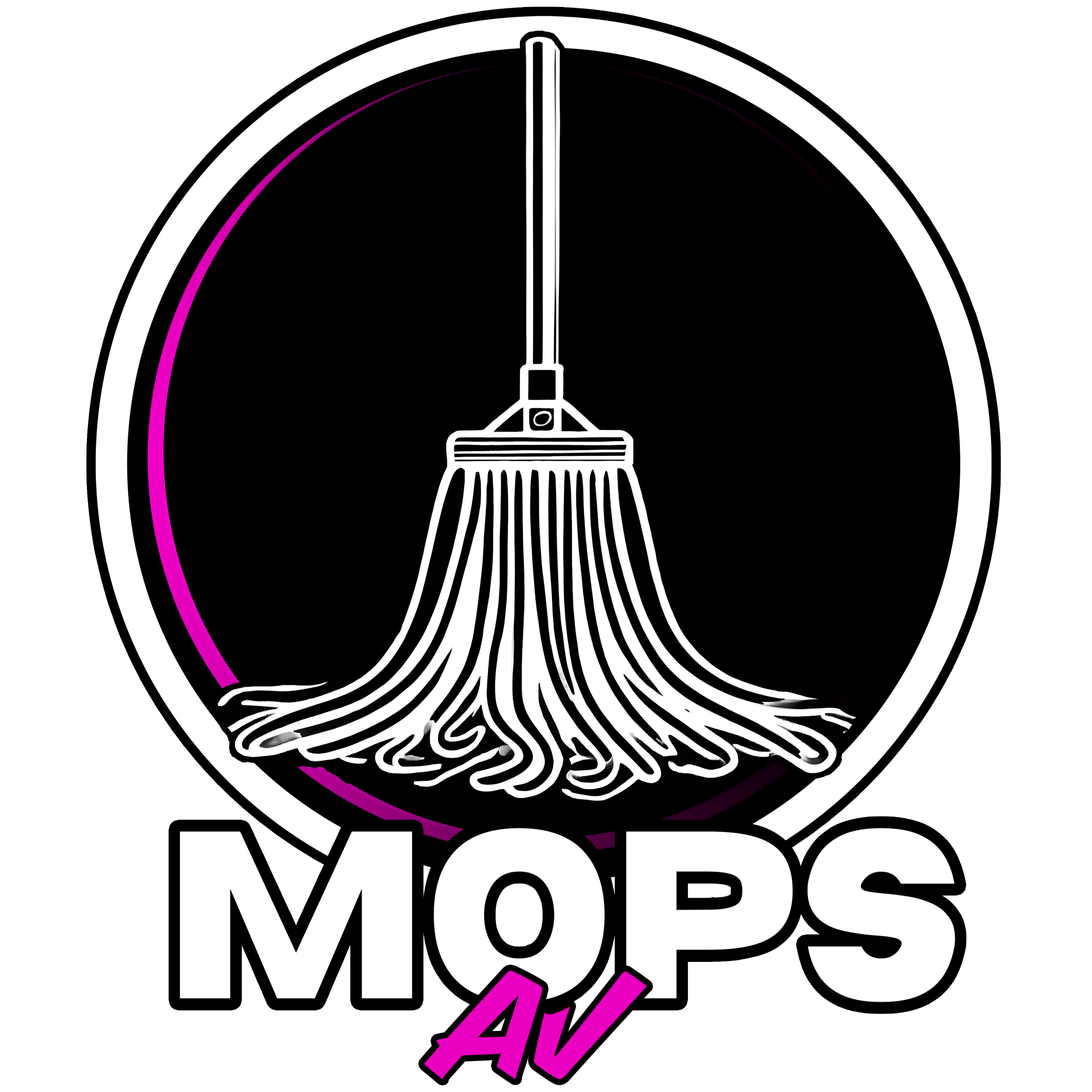 A clock showing midnight with a broom underneath it, and the words 'MOPS 4K' in bold, stylized text.