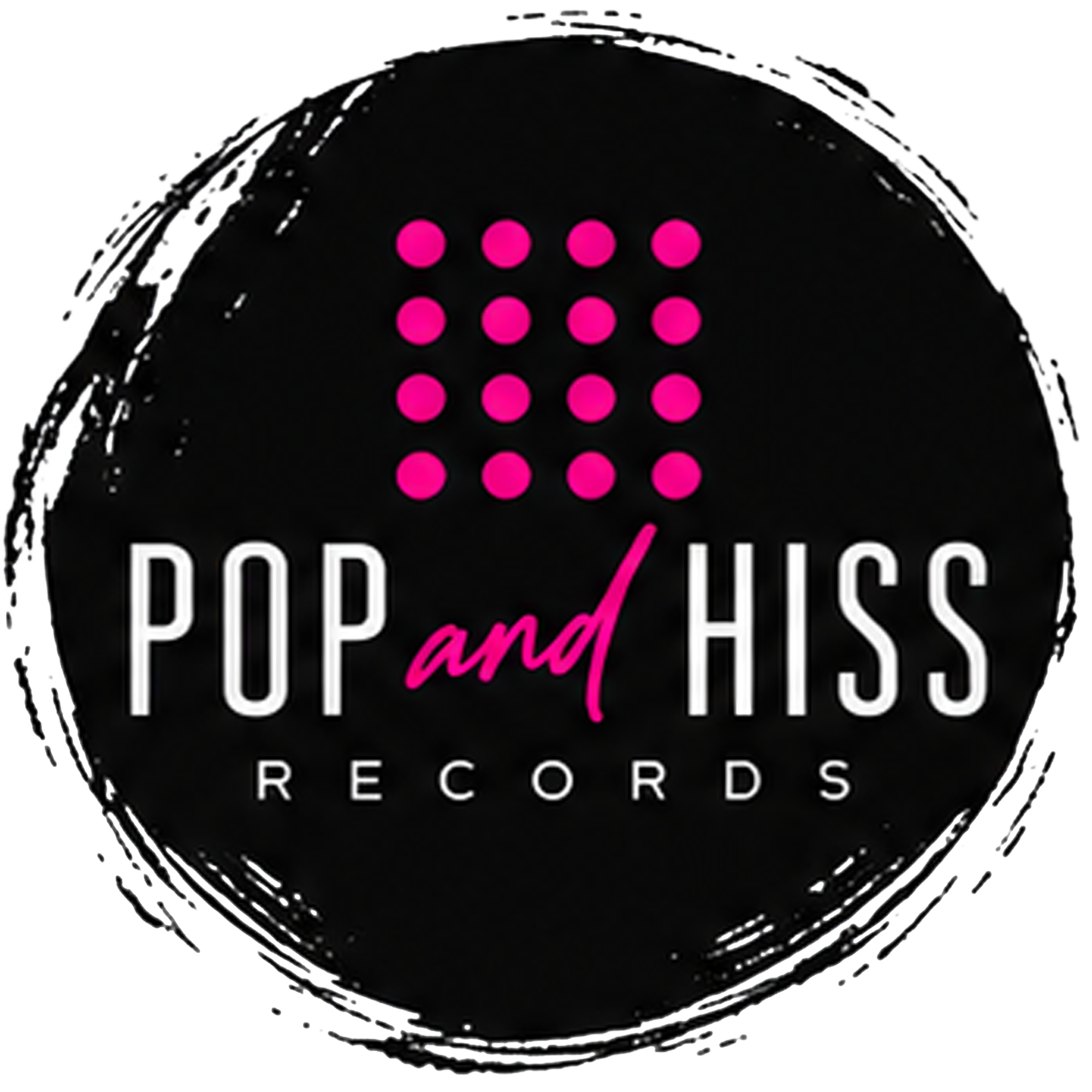 Black circular logo with pink dots and white text reading 'POP AND HISS RECORDS' in the center.