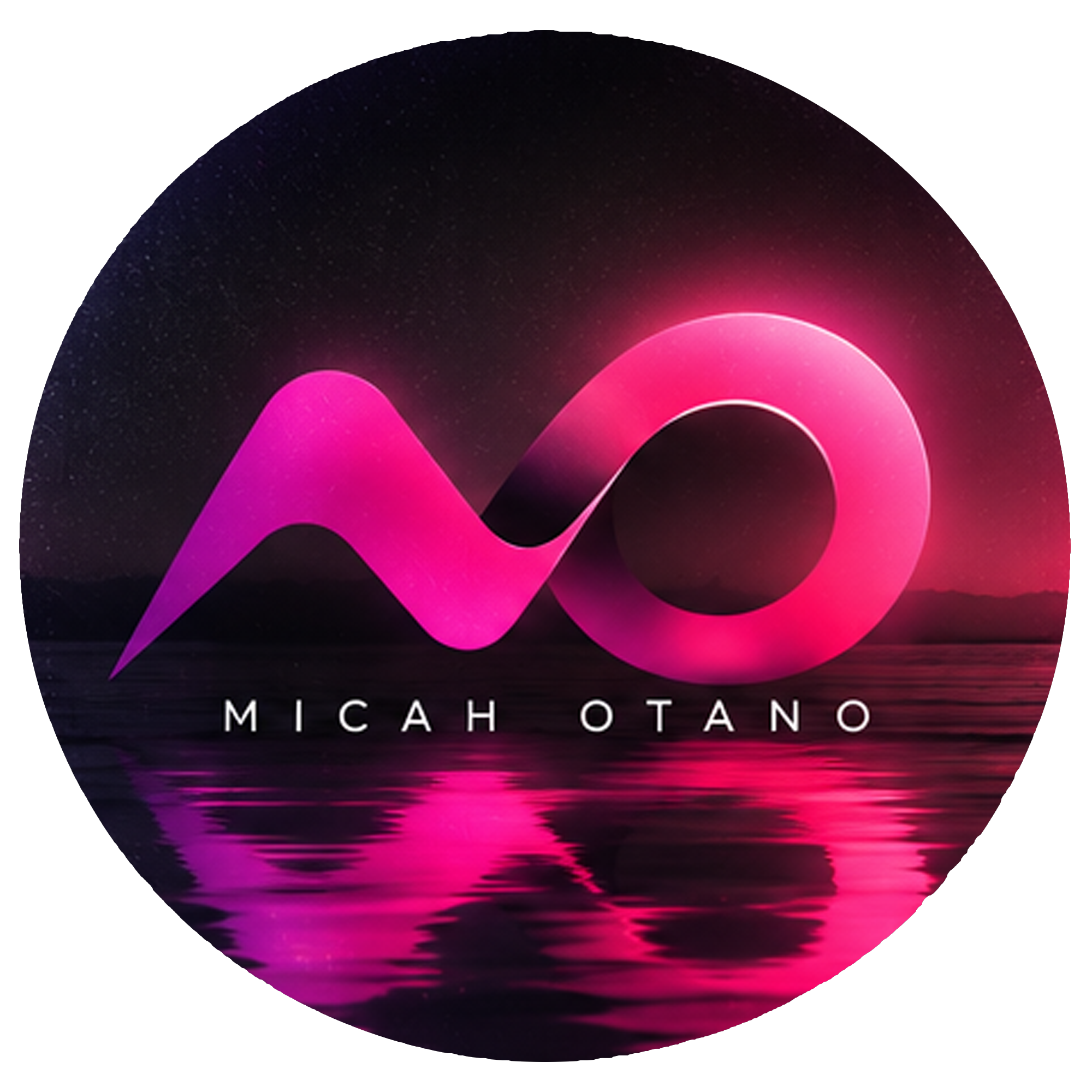 Digital artwork featuring pink and purple abstract loops over a dark, starry background with a reflective water surface at the bottom, text reads 'MICAH OTO'.