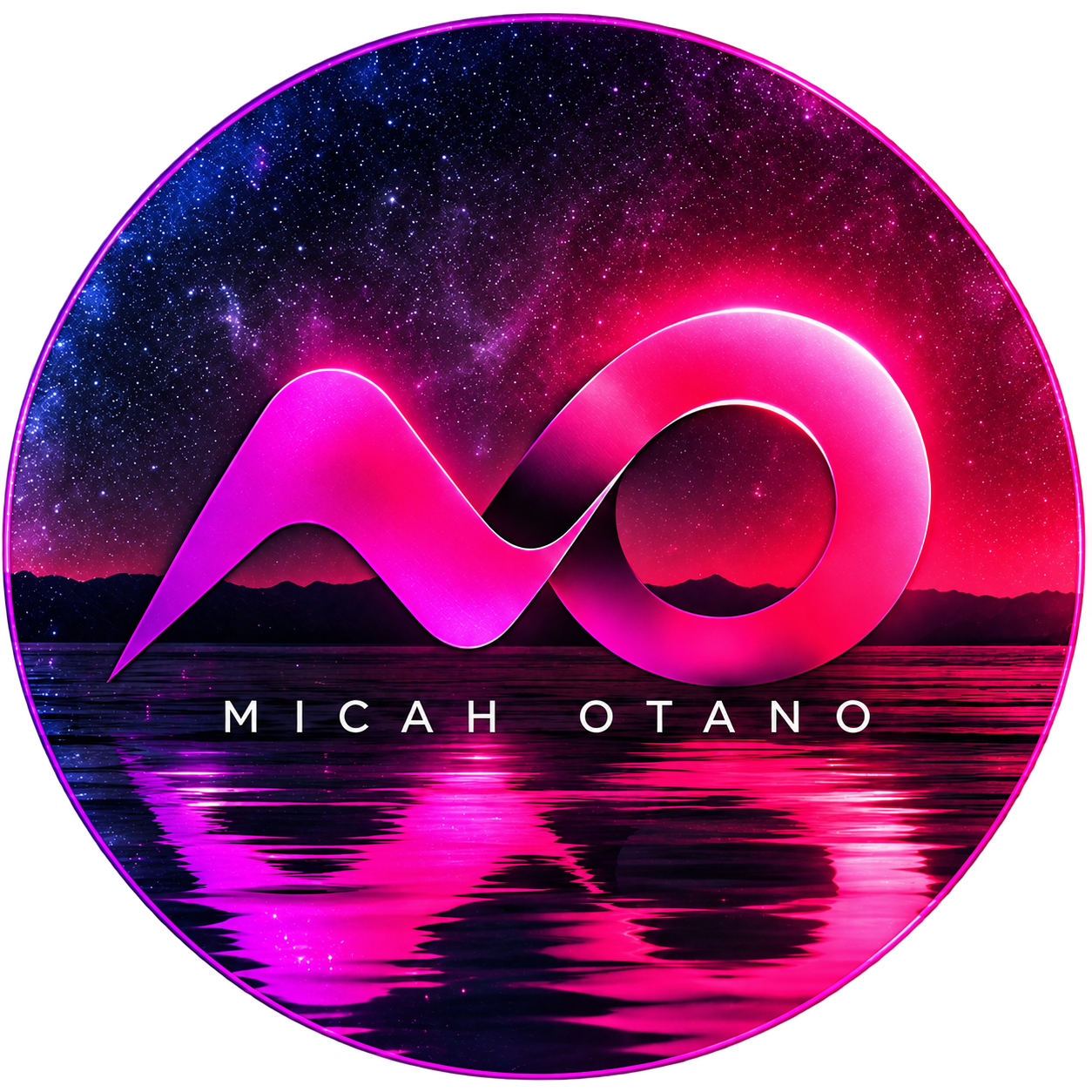 A neon pink and purple logo with a mountain landscape, stars, and Milky Way in the background, displaying the text 'MICAH OTANO' below.