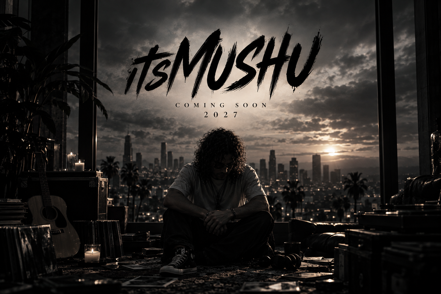 Silhouette of a person sitting on the floor in front of a large window overlooking a city skyline at sunset. The window has a poster that reads 'tsMUSHU COMING SOON 2027'. The room has musical instruments, candles, and various items scattered around.