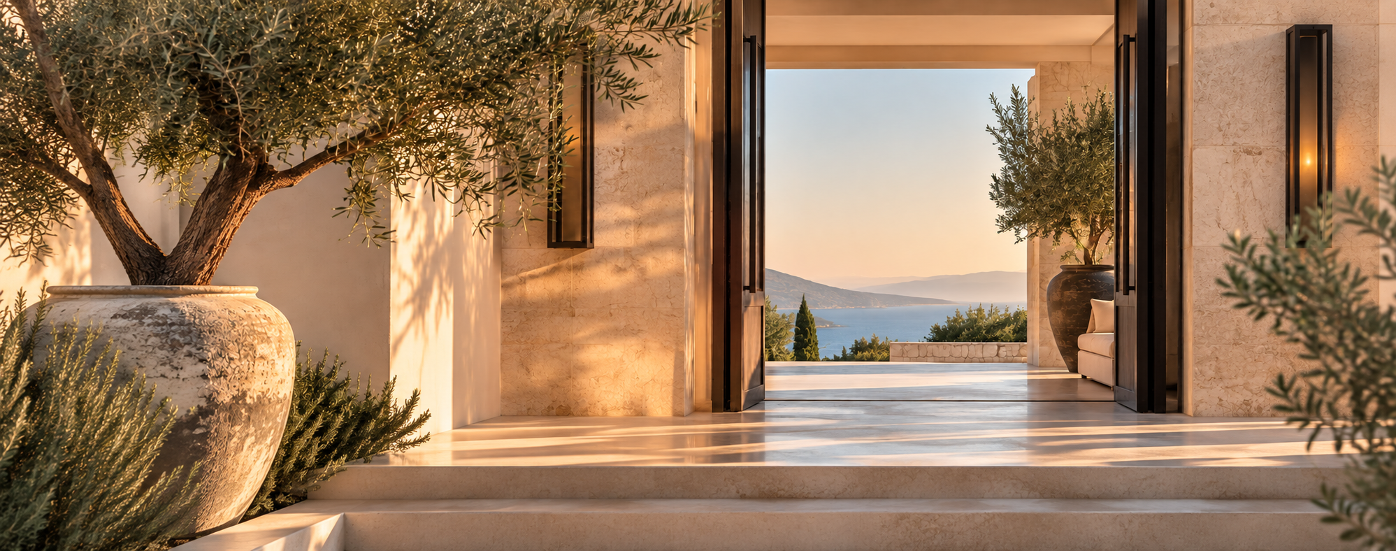 Luxury hotel entrance with warm stone architecture and olive trees overlooking the sea at sunset.