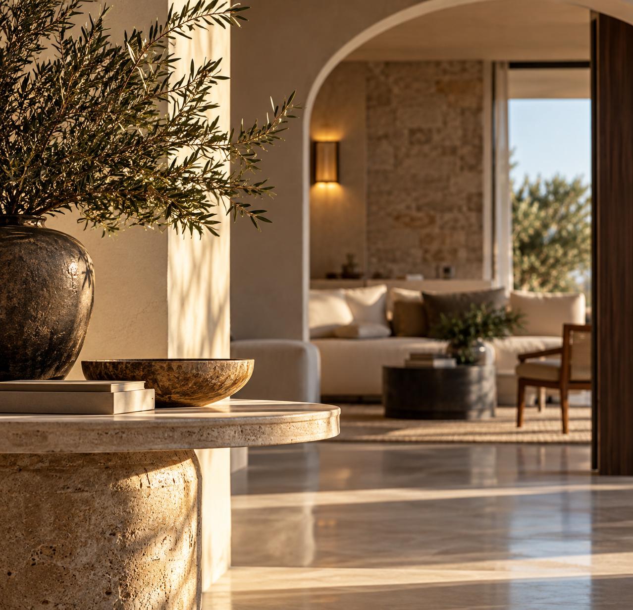 Luxury Mediterranean hotel interior with natural stone, warm light and olive trees