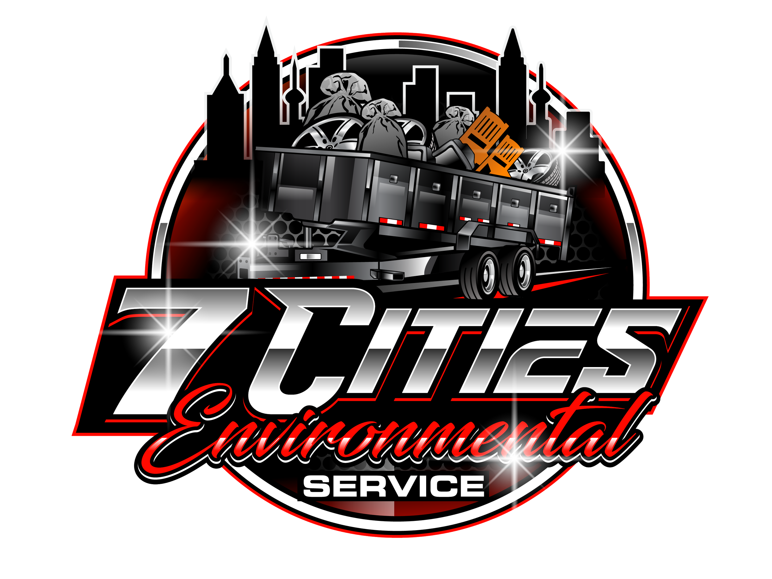 Logo for a service company featuring a city skyline, cars, and trash bags with the words 'Automotive Service' and 'Excellence' in bold, stylized text.