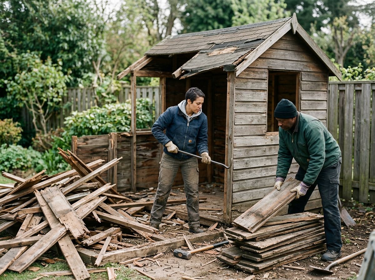 Two men demolishing a wooden shed outdoors with debris scattered around, surrounded by greenery and a wooden fence.