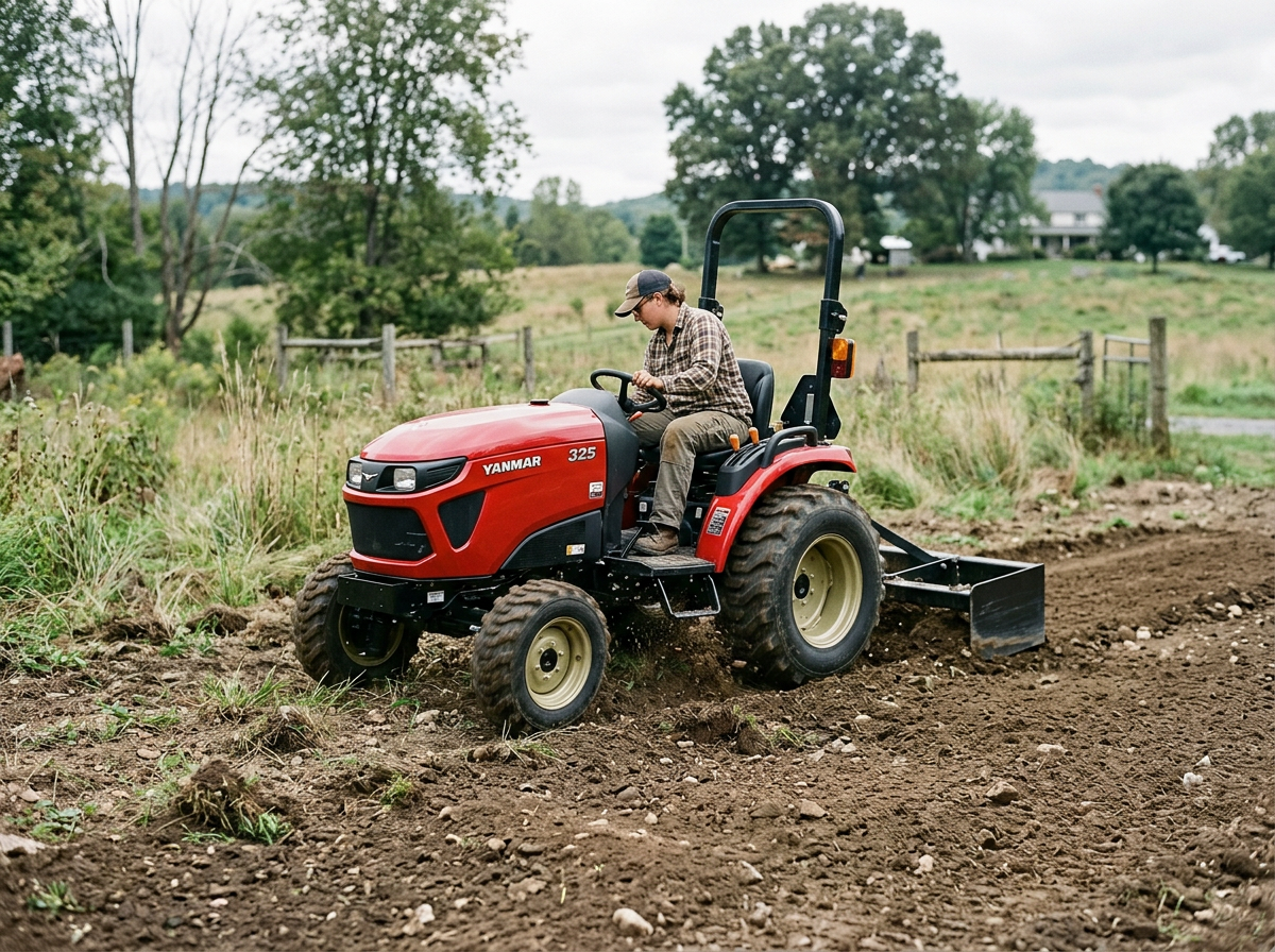 A person driving a red Yanmar compact tractor on a farm field, preparing the soil for planting.