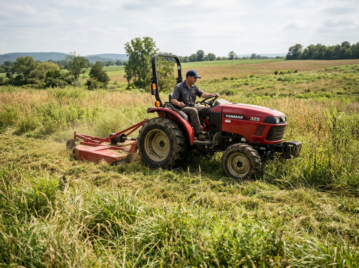 A man operating a red Yanmar 325 tractor with a mower attachment, cutting grass in a green field with trees and hills in the background.