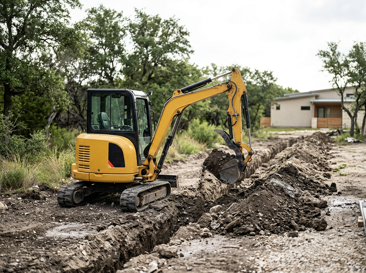 A small yellow excavator digging a trench in a residential yard with green trees and a house in the background.