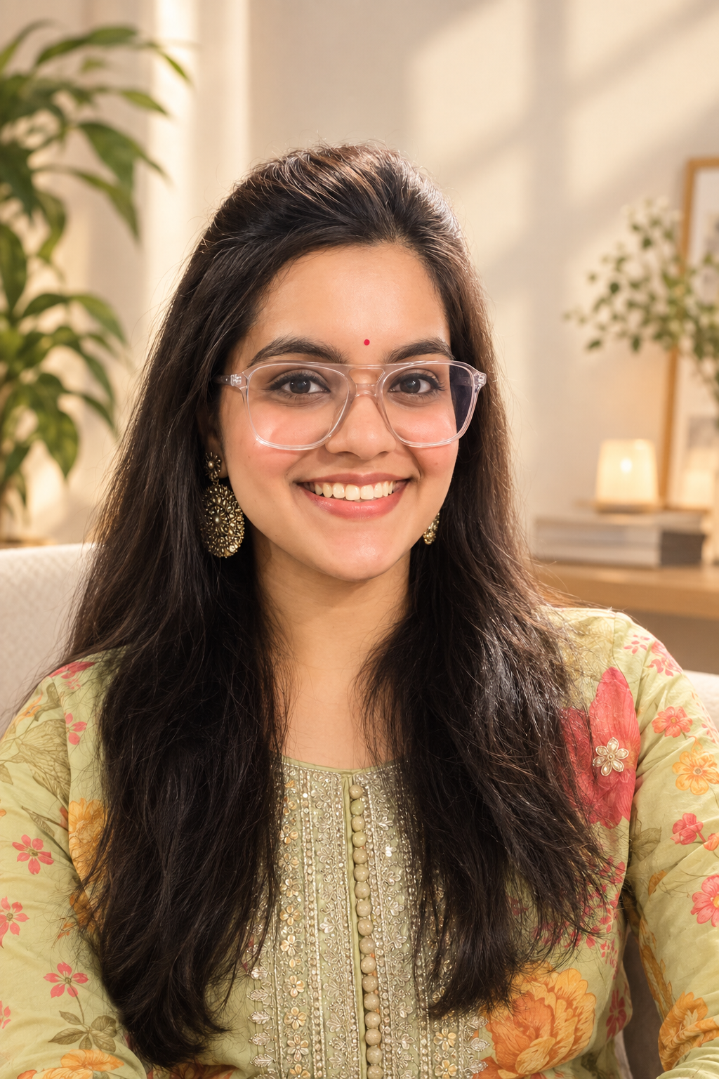 A young woman with long dark hair, wearing large earrings, glasses, and an embroidered traditional dress with floral patterns, smiling in a cozy indoor setting with plants and framed photos in the background.