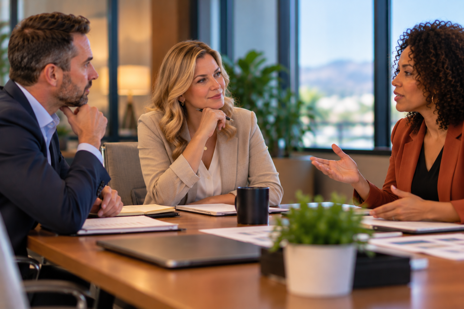 Three professionals having a serious discussion during a business meeting in an office conference room with large windows and green plants.