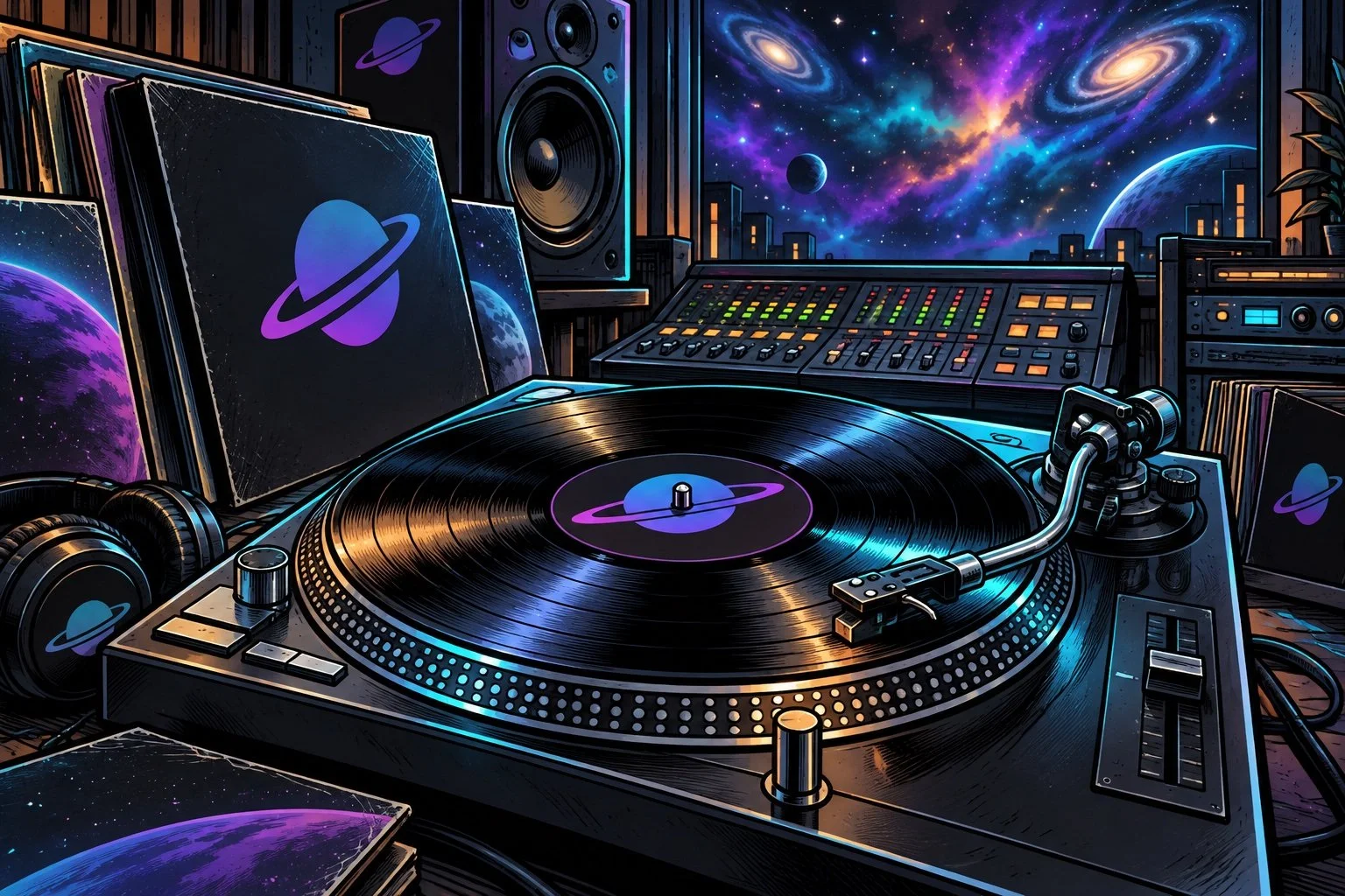 Illustrated turntable and vinyl in the cyan and violet Planet Beatknox universe
