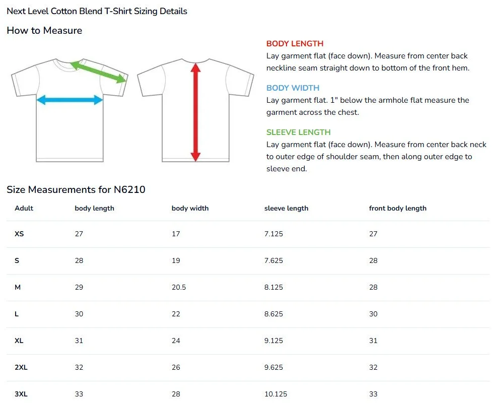 A size chart and measurement guide for Next Level Cotton Blend T-Shirts, including instructions for measuring body length, body width, and sleeve length with illustrated diagrams.