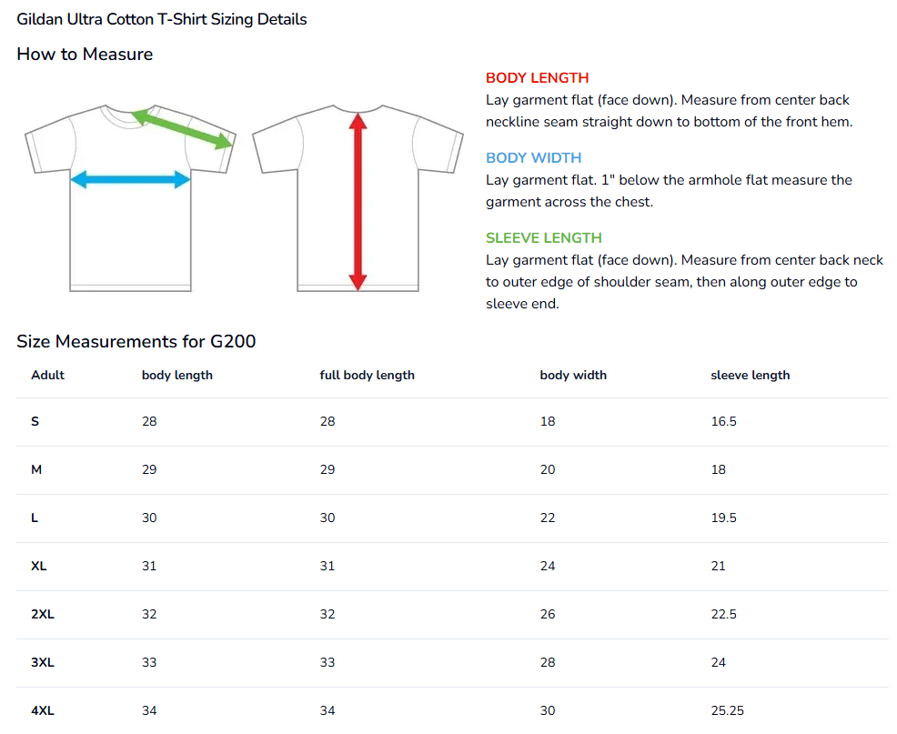 Gildan Ultra Cotton T-Shirt sizing details chart with measurements and instructions for measuring body length, width, and sleeve length.