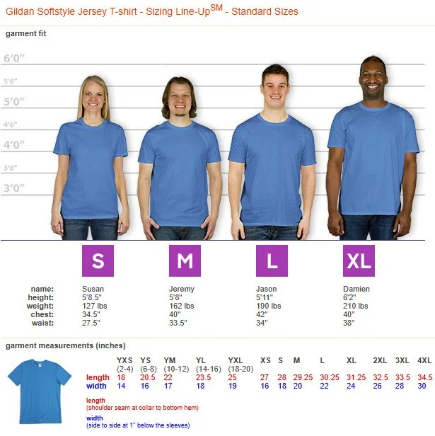 A size chart displaying four models wearing blue Gildan softstyle jersey T-shirts, organized by size from small to extra-large. The chart includes height, weight, chest, and waist measurements for each model, along with detailed garment measurements and sizing guidelines.