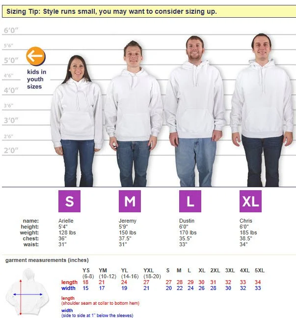 Size comparison chart for clothing, showing four people of varying heights and weights wearing white hoodies, with individual measurements and sizing tips, along with chart details for garment measurements in inches.