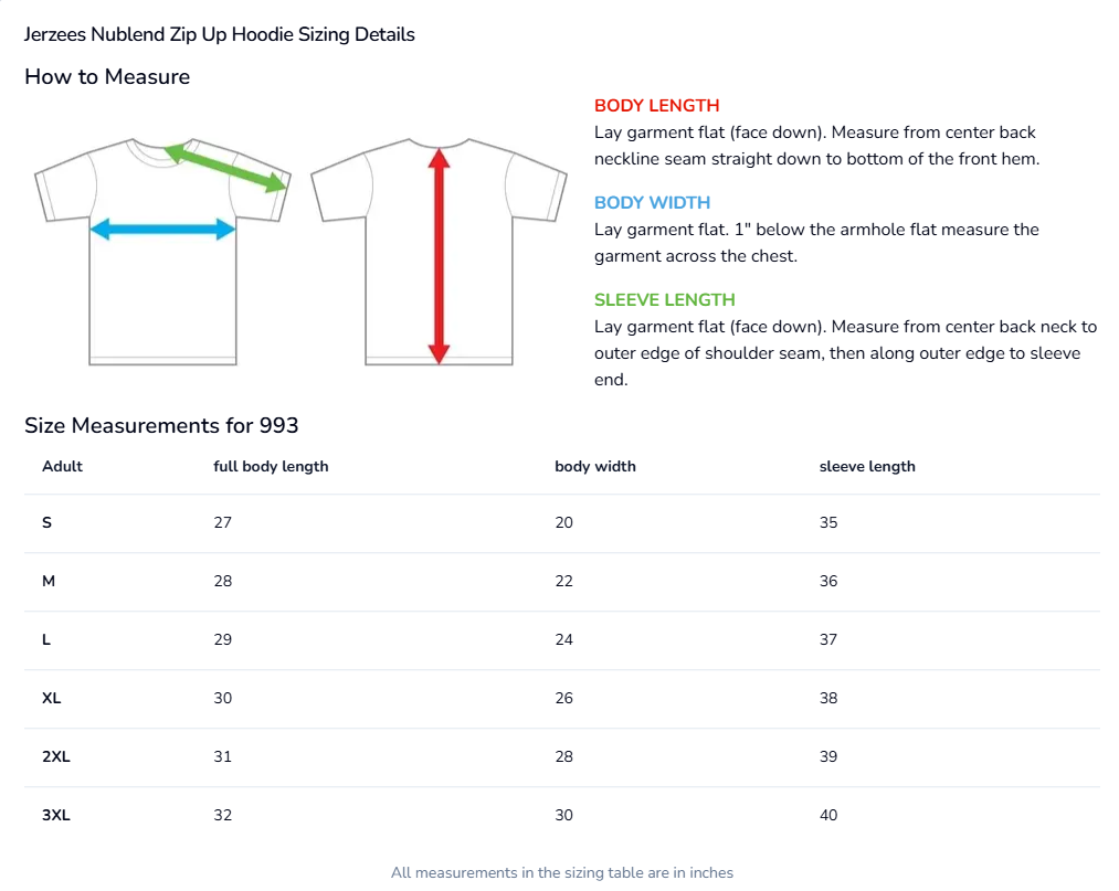 Diagram showing instructions for measuring a hoodie: laying the garment flat with specific measurements for body length, body width, and sleeve length, with arrows indicating where to measure on the hoodie.