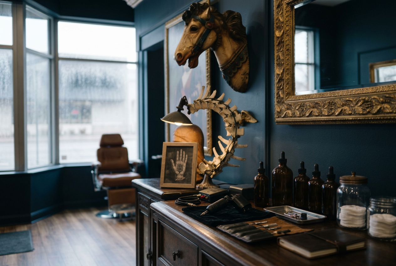 Interior of a room with dark blue walls, featuring a wooden desk with medical supplies, framed artwork, and decorative animal heads on the wall, including a horse head, with large windows and a brown chair in the background.